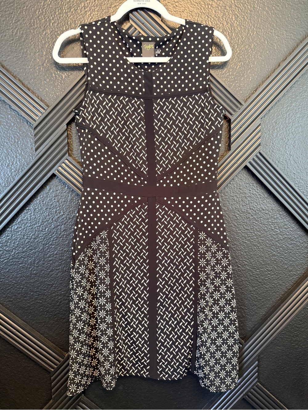 Taylor Black & White Mixed-Print Fit-and-Flare Dress